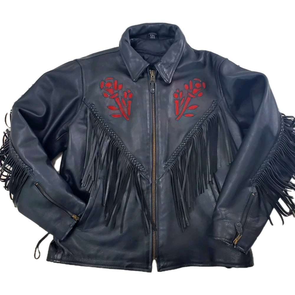 USA Biker's Dream Leather Black Motorcycle Jacket Red Roses Tassels Fringe XXL